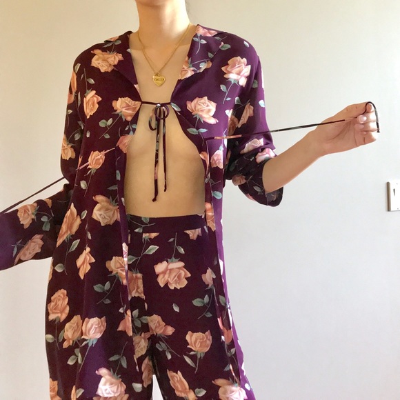 Authentic vintage la perla silk floral tie front blouse and pants 2 piece SET - Picture 4 of 8